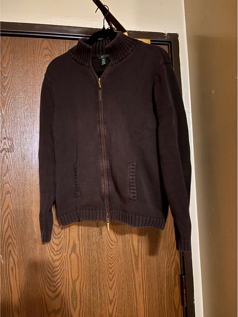 Ralph Lauren Chocolate Brown Cotton Chunky Knit Zippered Sweater- Size XL